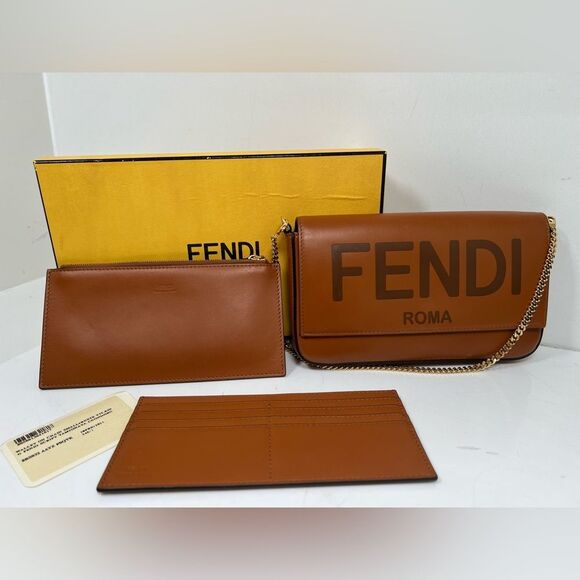Fendi Wallet On Chain Crossbody Mini Brown Leather - Picture 1 of 13